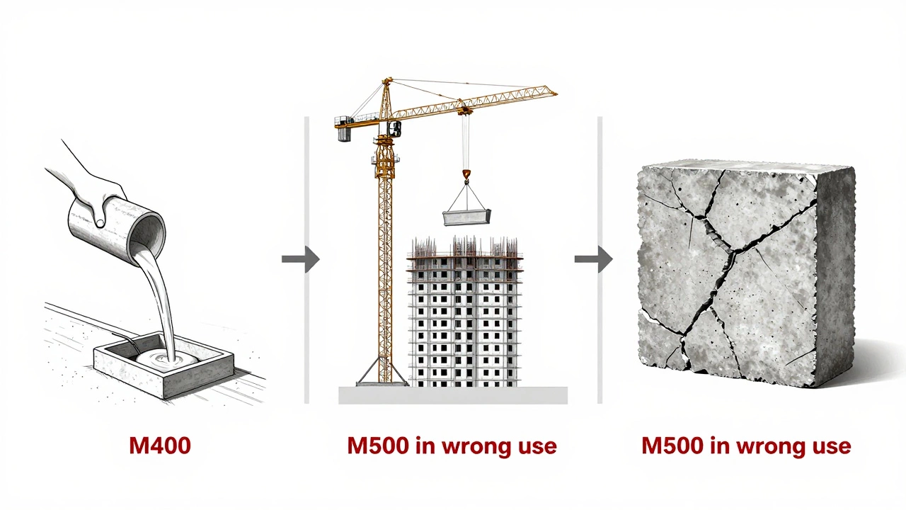 Три панели: М400 для дорожки, М500 для балки, треснувший бетон — символ неправильного применения.