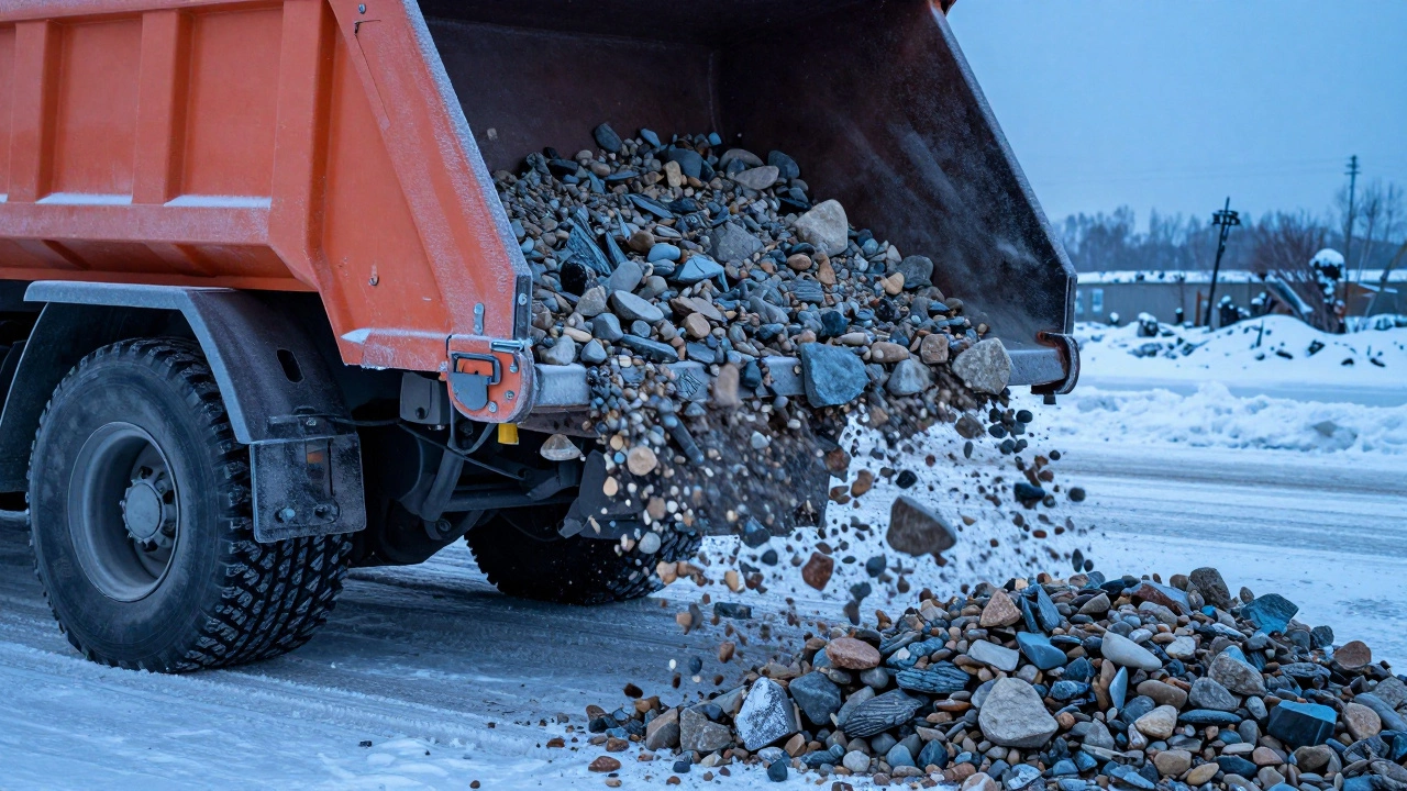 Зимняя выгрузка щебня из поднятого кузова грузовика