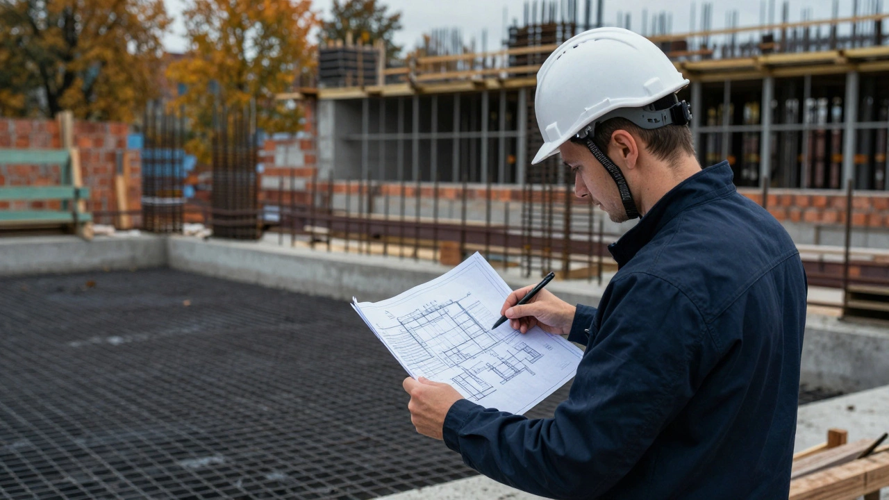Архитектор проверяет соответствие строительства фундамента рабочим чертежам
