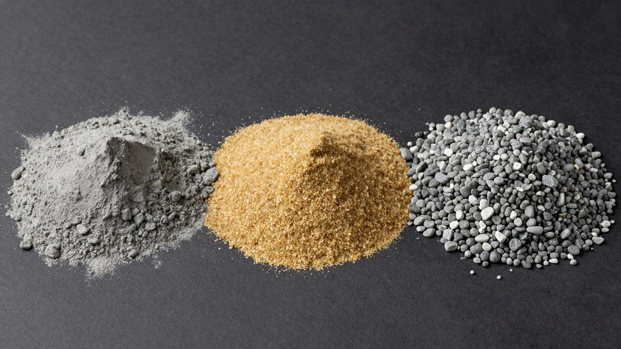 Компоненты бетона: цемент, песок и щебень на темном фоне