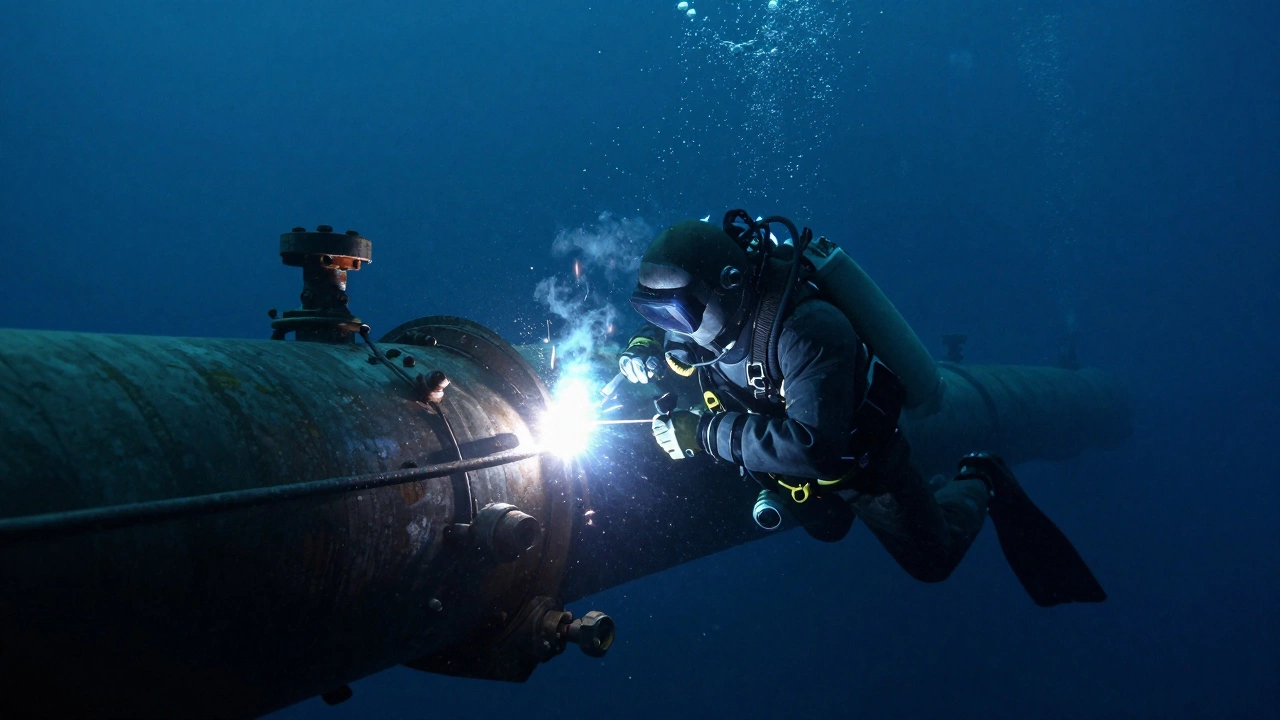 Подводный сварщик в специальном снаряжении работает на дне океана
