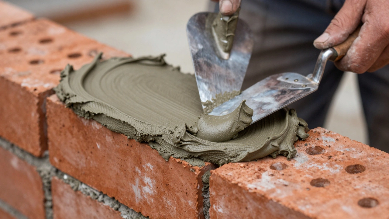 Процесс укладки серого цементного раствора между красными кирпичами кельмой