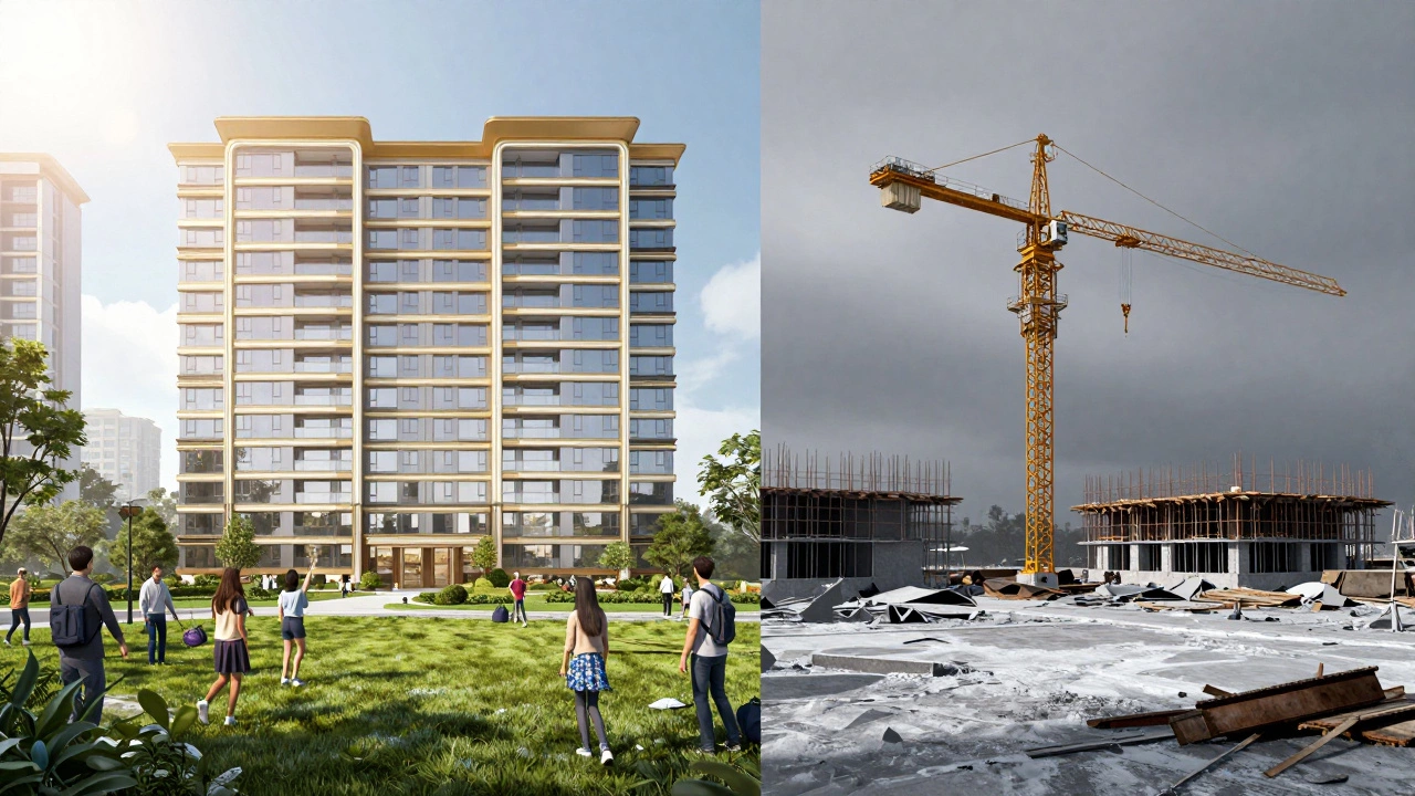 Сравнение красивого рендера жилого комплекса и заброшенной стройплощадки