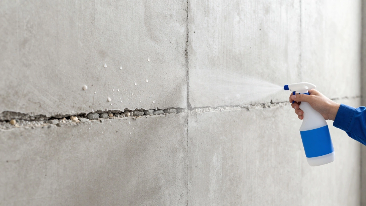 Стена из бетона, которую увлажняют распылителем для прочности