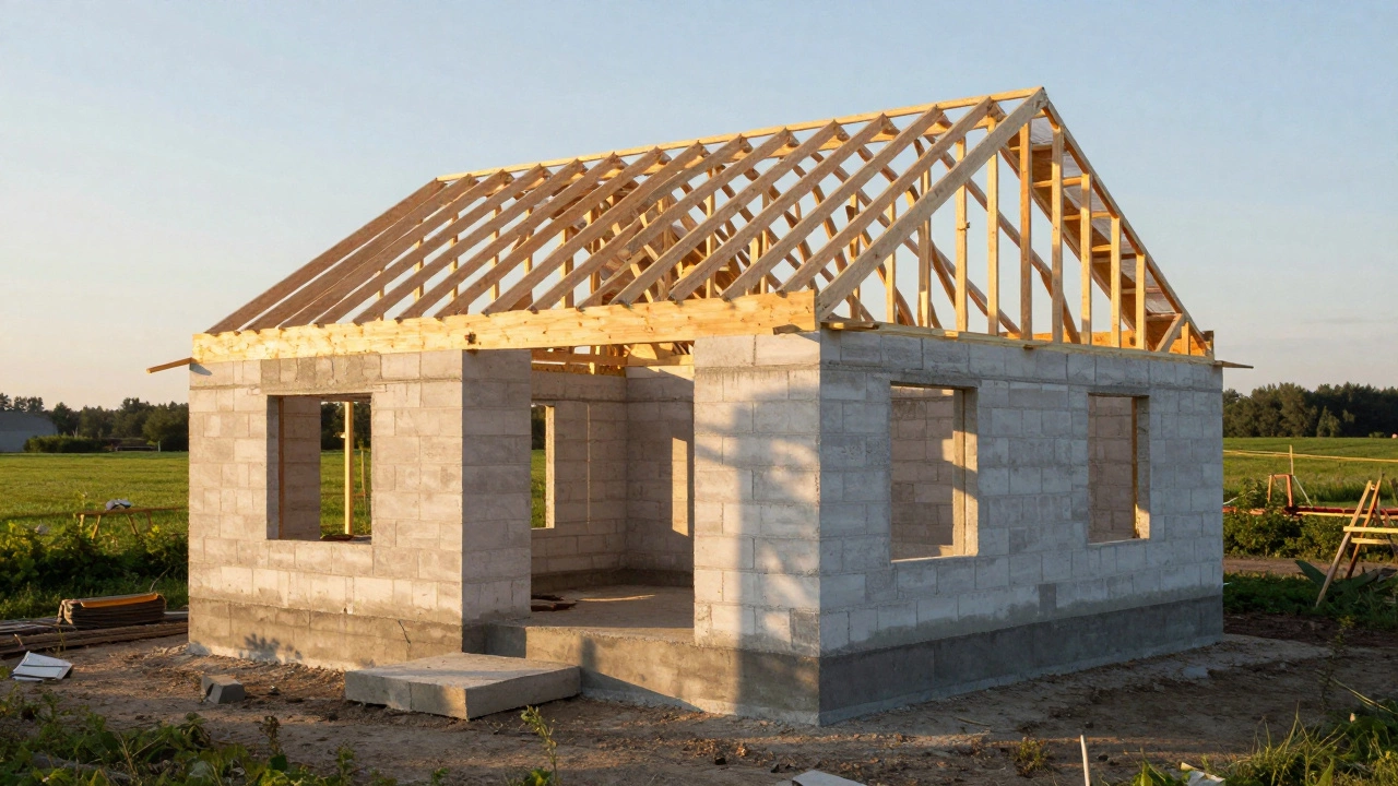 Строящийся дом с возведенными стенами из газобетона и каркасом крыши