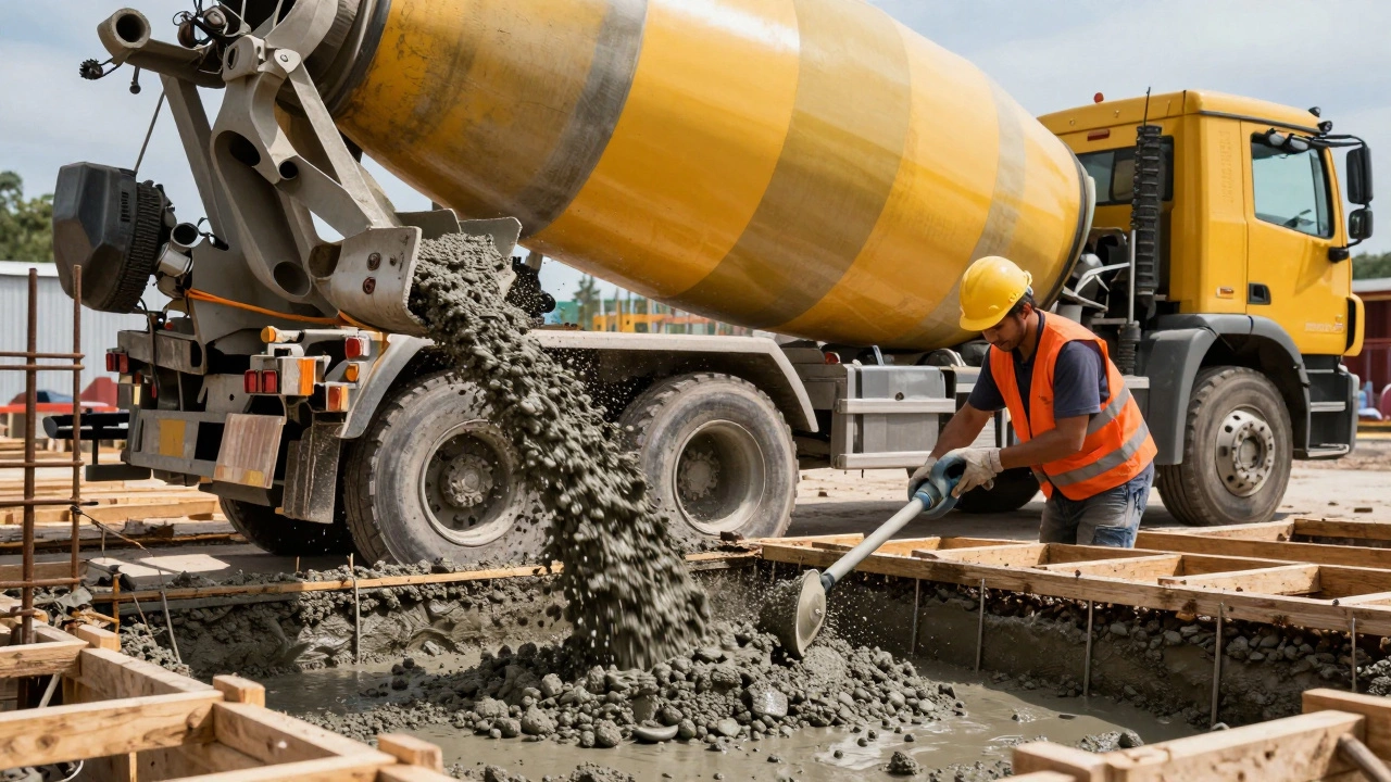 Заливка бетонного фундамента из миксера с использованием вибратора