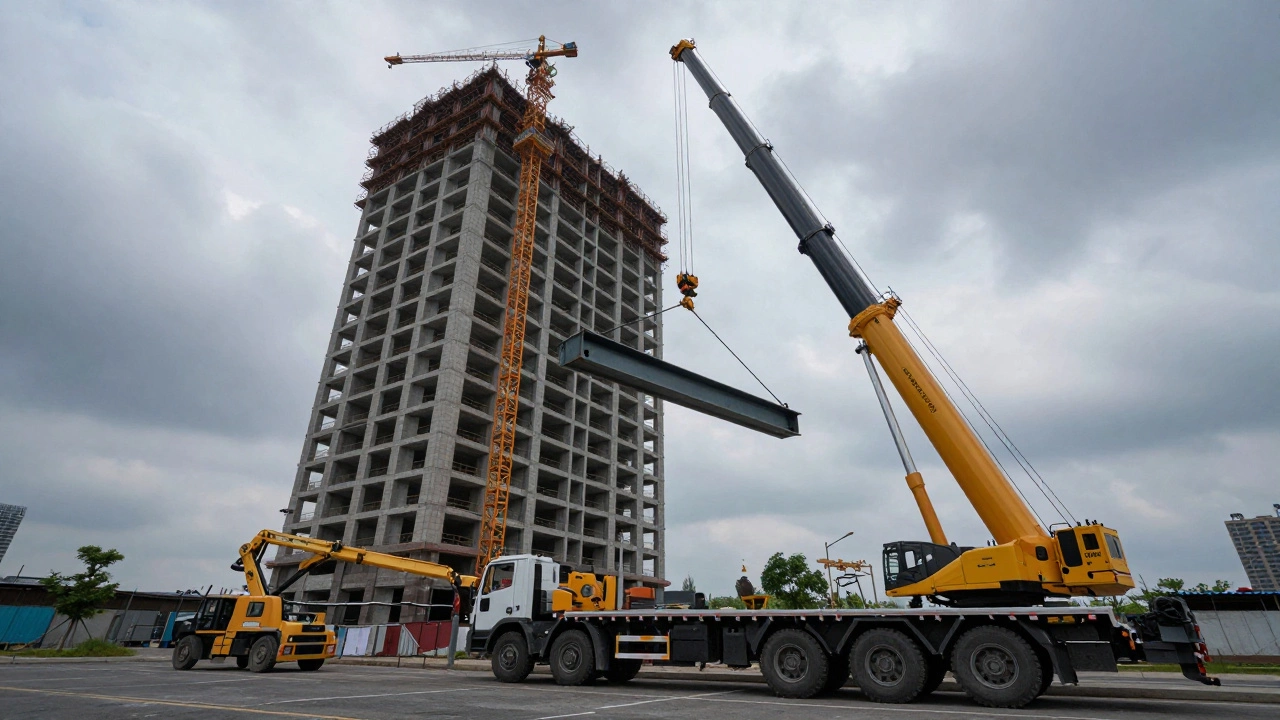 Автокран поднимает стальную балку на фоне недостроенного здания